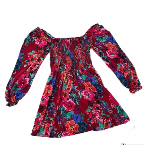 REVOLVE Charles Henry Floral Print Smocked Long Sleeve Mini Dress in Burgundy L - Picture 4 of 6